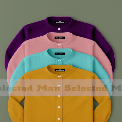 4 Pics Cotton Fabrics Band Collar Shirt