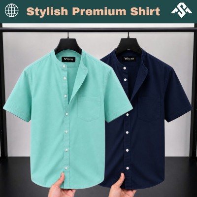 2 Pics Short Sleeve Band Collar Shirt