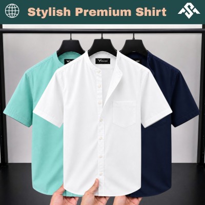 3 Pics Short Sleeve Band Collar Shirt