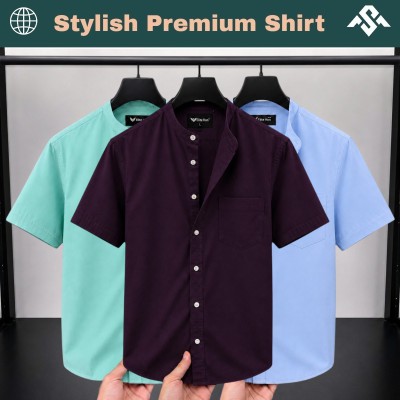 3 Pics Short Sleeve Band Collar Shirt