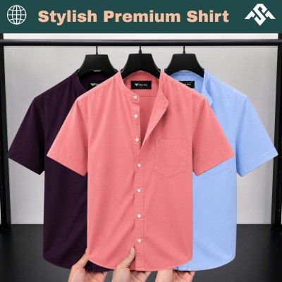 3 Pics Short Sleeve Band Collar Shirt