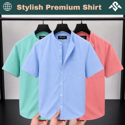 3 Pics Short Sleeve Band Collar Shirt
