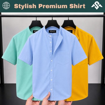 3 Pics Short Sleeve Band Collar Shirt