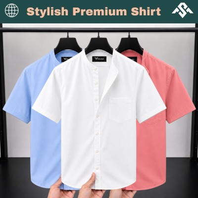 3 Pics Short Sleeve Band Collar Shirt
