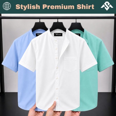 3 Pics Short Sleeve Band Collar Shirt