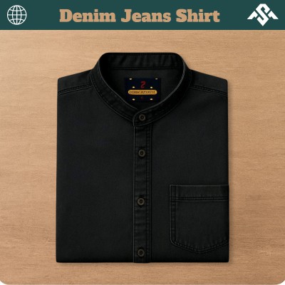 1 Pics Denim Jeans Band Collar Shirt - Black