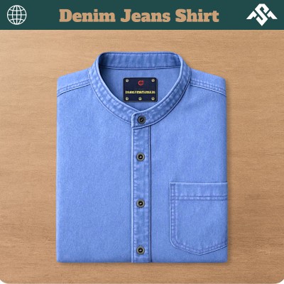 1 Pics Denim Jeans Band Collar Shirt - Light Blue