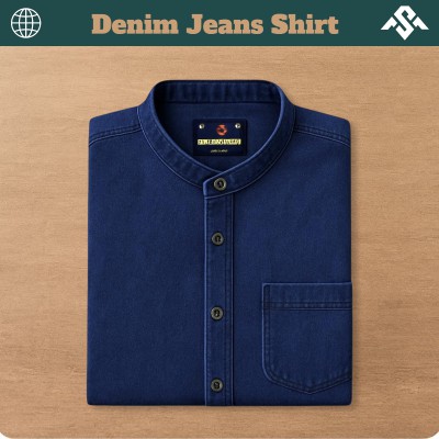 1 Pics Denim Jeans Band Collar Shirt - Deep Blue