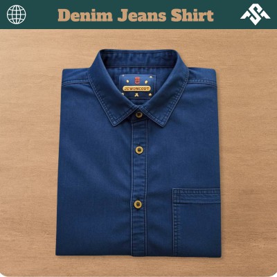 1 Pics Denim Jeans One Pocket Shirt - Deep Blue