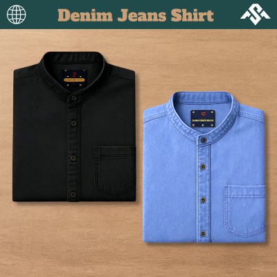 2 Pics Denim Jeans Band Collar Shirt - Light Blue_Black