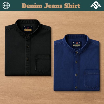 2 Pics Denim Jeans Band Collar Shirt - Deep Blue_Black