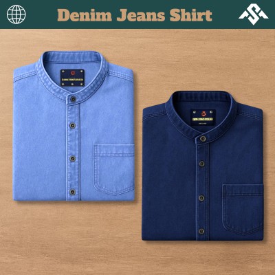 2 Pics Denim Jeans Band Collar Shirt - Deep Blue_Light Blue
