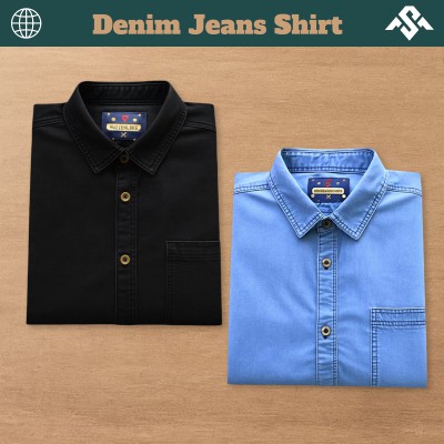 2 Pics Denim Jeans One Pocket Shirt - Light Blue_Black