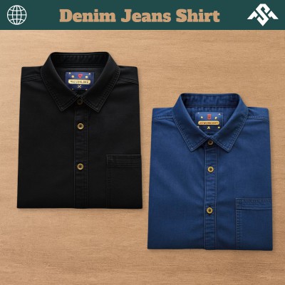 2 Pics Denim Jeans One Pocket Shirt - Deep Blue_Black