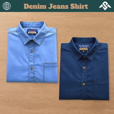 2 Pics Denim Jeans One Pocket Shirt - Deep Blue_Light Blue