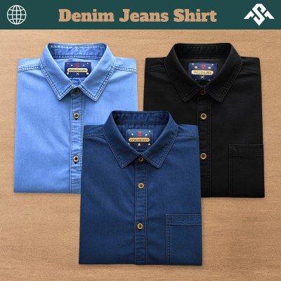 3 Pics Denim Jeans One Pocket Shirt - Deep Blue_Light Blue_Black