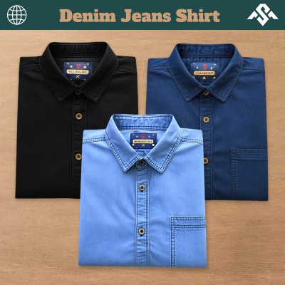 3 Pics Denim Jeans One Pocket Shirt - Light Blue_Deep Blue_Black
