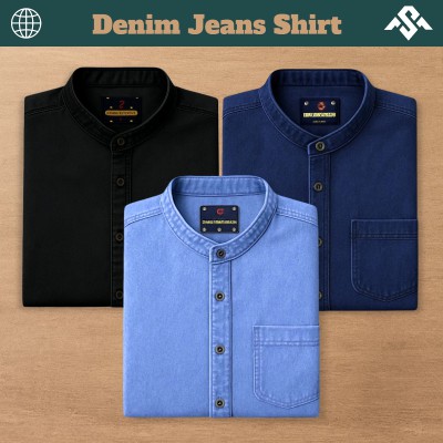3 Pics Denim Jeans Band Collar Shirt - Deep Blue_Light Blue_Black
