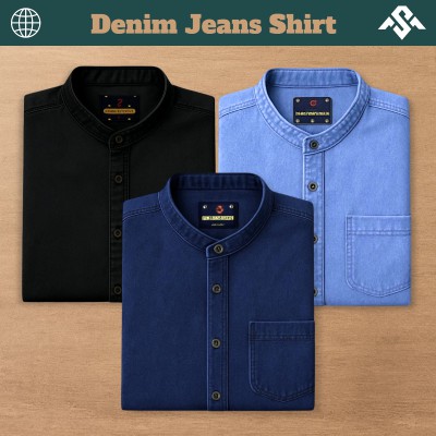 3 Pics Denim Jeans Band Collar Shirt - Light Blue_Deep Blue_Black
